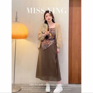 Floral Long Sleeve Maxi Dress - Beige and Brown